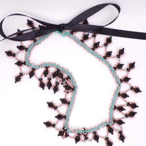 Hand made bead woven ribbon tie necklace
